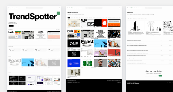 The image displays a multi-panel layout of the TrendSpotter website, showcasing various sections and tools.