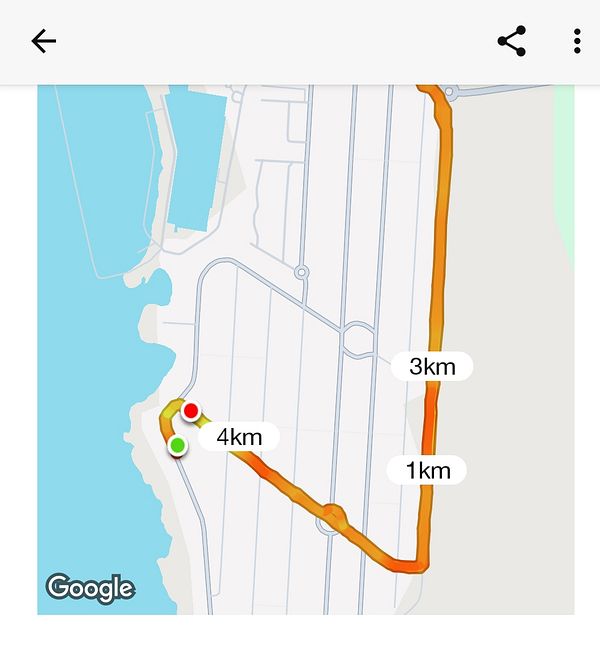 A map displaying a running route with distance markers.