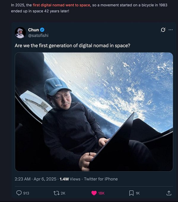 A person is working on a laptop while floating in space, with Earth visible in the background.