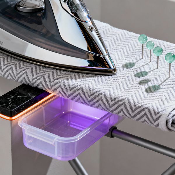 Close-up of a laundry ironing setup with a reflective chrome iron on a gray-and-white chevron cover. Four mint-green glass-headed pins stand upright casting green-tinted shadows. A black marble corner with a slim orange edge light and a translucent plastic drawer glowing purple sit beneath the board, supported by tubular metal legs, highlighting contrasts between polished metal, soft fabric, and glossy stone in a surreal, futuristic composition.