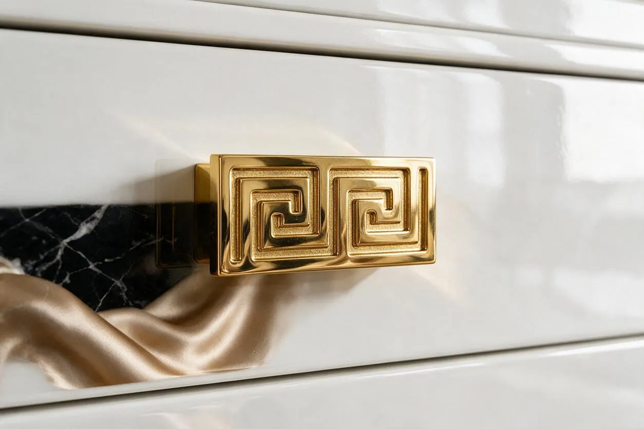 A close-up of a glossy white drawer front with a polished gold rectangular handle featuring a Greek key pattern. Behind the handle, a decorative inset shows black marble with white veining and a flowing champagne satin effect.