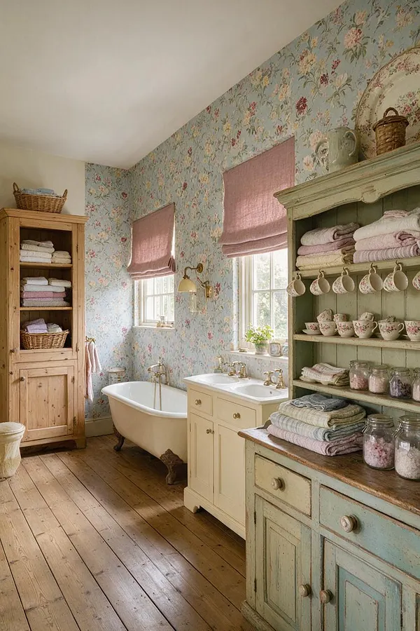 A cozy cottagecore bathroom with floral wallpaper, two pink Roman shades, a clawfoot tub, and painted vintage cabinets. Open shelving holds folded towels, teacups, jars, and wicker baskets, while warm wood floors and brass fixtures add a soft, rustic feel.