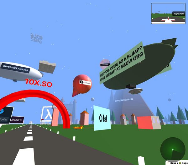 A vibrant virtual landscape featuring various advertisements and elements in a 3D environment.