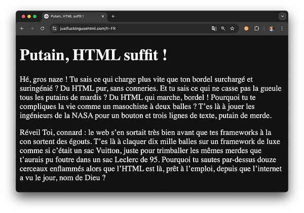 The image displays a webpage titled 'Putain, HTML suffit !' featuring a French translation of a web development manifesto.