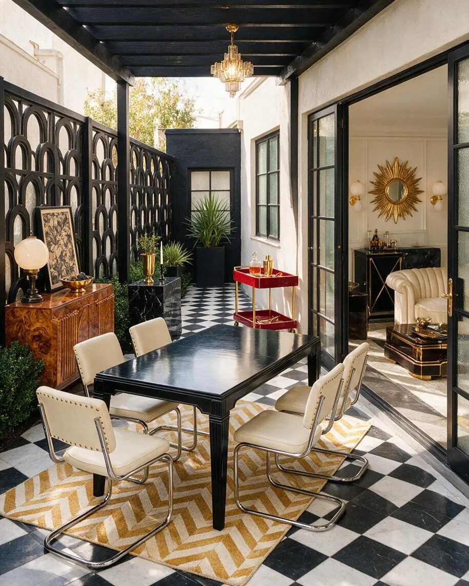 A narrow backyard patio designed in Art Deco style with a black-and-white checkerboard floor, a black dining table, cream upholstered chairs, and bold geometric railings. Gold accents, a crystal pendant light, and a red bar cart add glamour, while nearby French doors open to a plush lounge with a sunburst mirror.