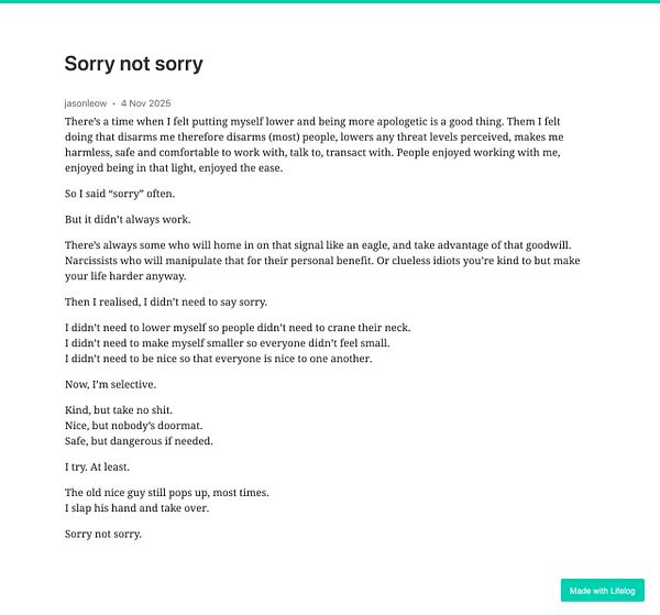 A reflective personal essay titled 'Sorry not sorry' discussing self-perception and boundaries.