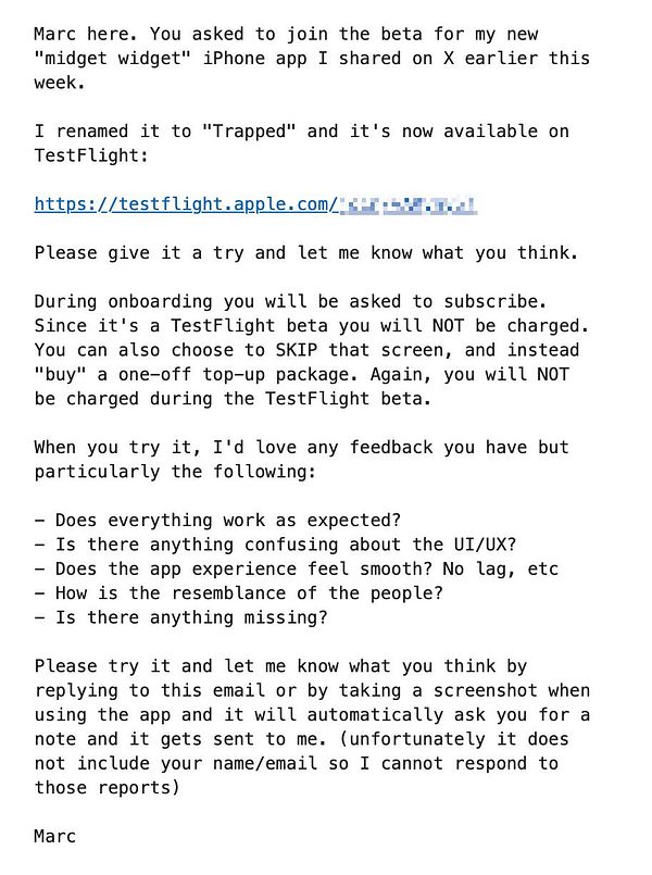 Smartphone screen showing an email draft with a beta invite message.