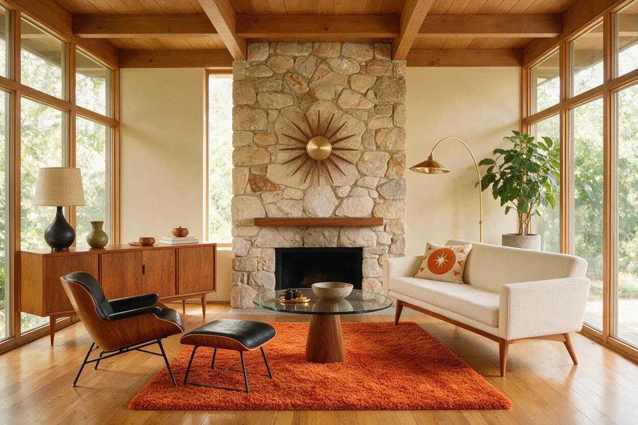A bright mid-century modern sunroom with floor-to-ceiling windows, a central stone fireplace, wood ceiling beams, and warm hardwood floors. The room includes a walnut sideboard, black leather lounge chair with ottoman, cream sofa, orange shag rug, brass floor lamp, and a glass coffee table.