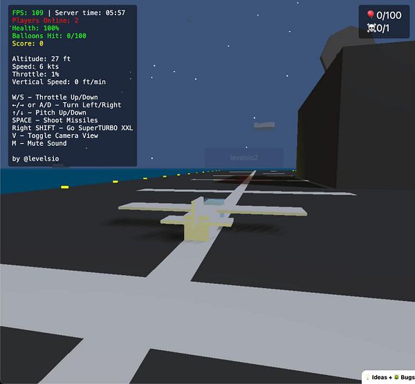 A virtual flight simulation interface displaying a small aircraft on a runway with game controls and player statistics.