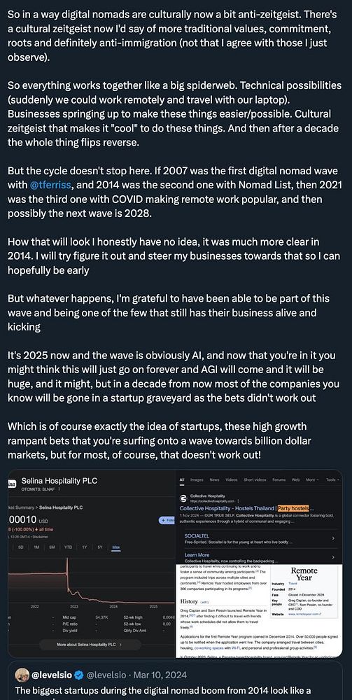 The image features a detailed Twitter thread discussing the evolution of digital nomadism and the challenges faced by startups since 2014.