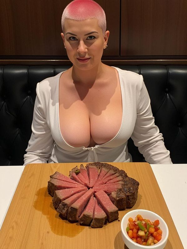 A woman with pink hair sits at a table with a large platter of sliced steak and a side of vegetables.