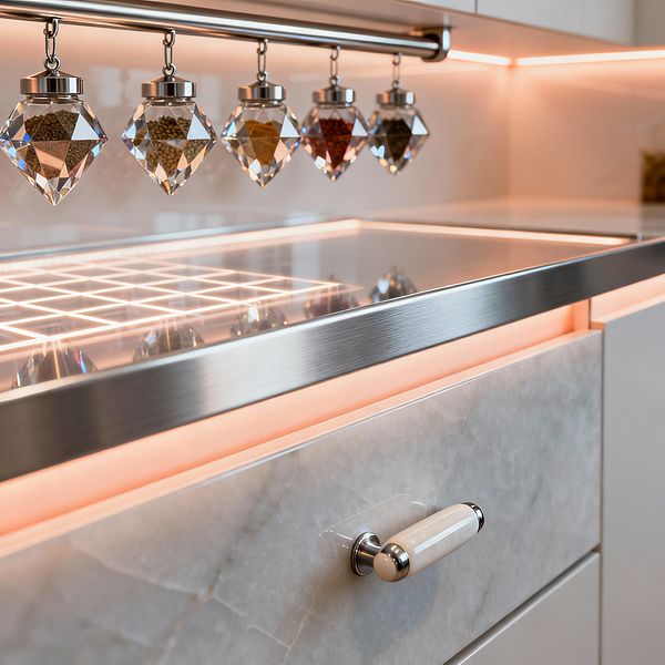Close-up of a futuristic kitchen shows a stainless-steel trimmed glass cooktop with a glowing grid and warm peach LED edge lighting. Above the surface, a rail suspends diamond-faceted glass spice containers with metal caps; below, a pale gray stone-look drawer with a ceramic-and-chrome handle sits beneath a glossy light backsplash, creating a sleek, high-tech atmosphere.
