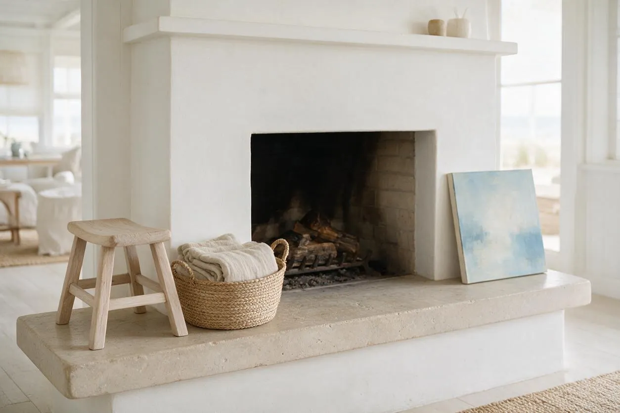 A bright coastal living room vignette centered on a simple white fireplace with a pale stone hearth. A small wooden stool, woven basket with folded linen, and a soft blue abstract painting create a calm, airy arrangement.