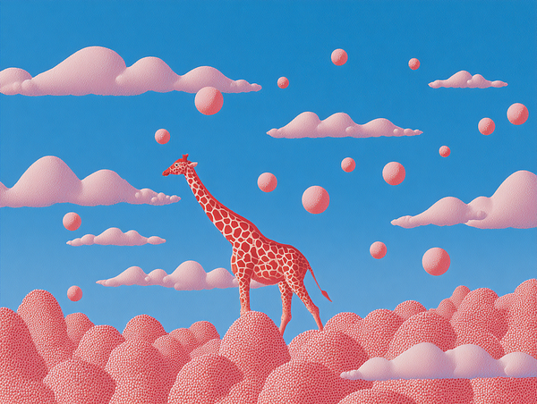 A surreal illustration features a giraffe standing amidst pink clouds and floating spheres against a blue sky.