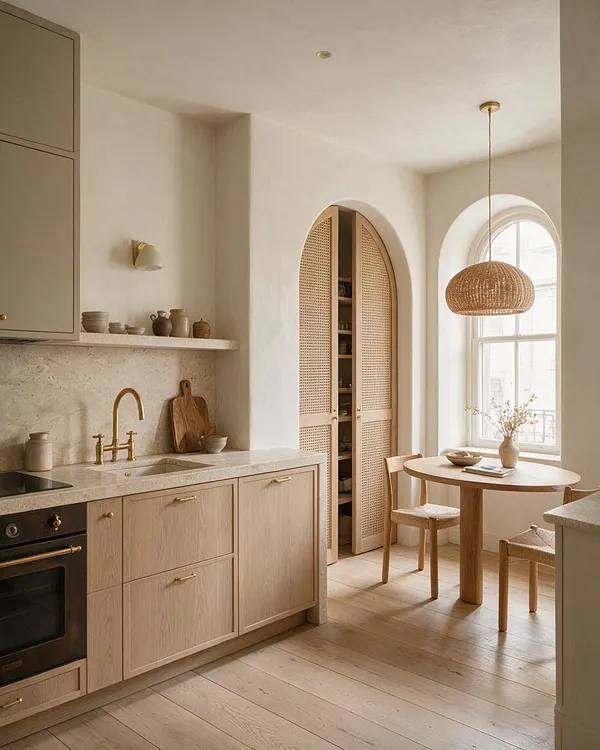 A softly lit Organic Modern kitchen with light oak cabinetry, a pale stone countertop, and brass fixtures. An arched cane-front pantry door, woven pendant light, and small round dining table by the window add warmth and texture.