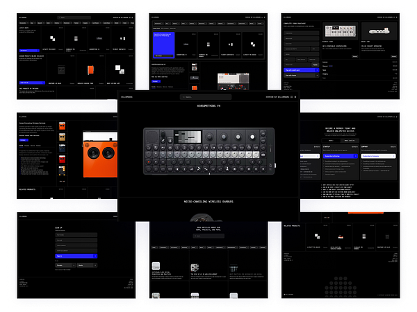 The image displays a collage of various product pages and interface elements from a website, featuring a central product display.