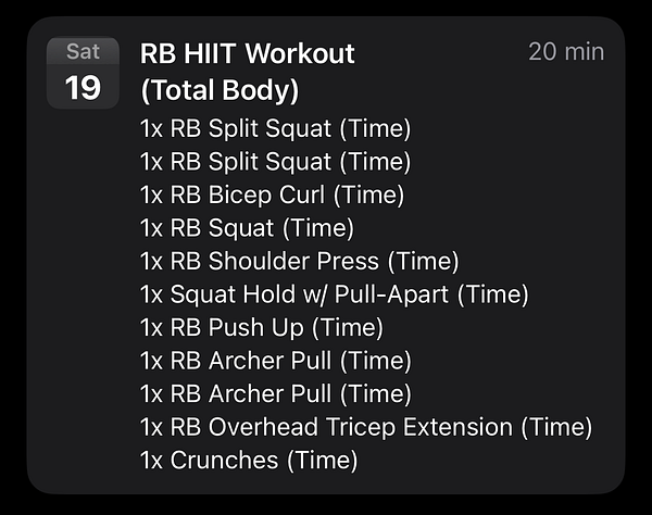 A workout schedule for a total body HIIT session is displayed.