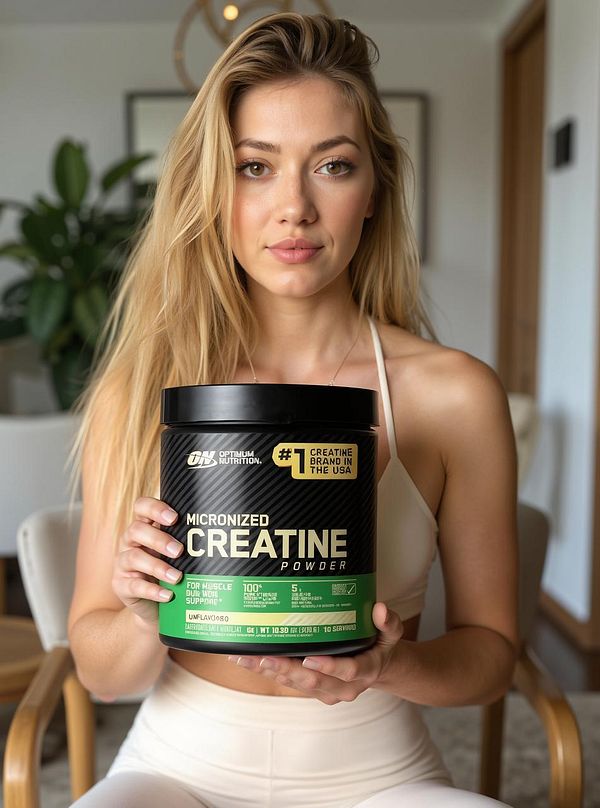 A young woman holds a container of micronized creatine powder in a well-lit indoor setting.