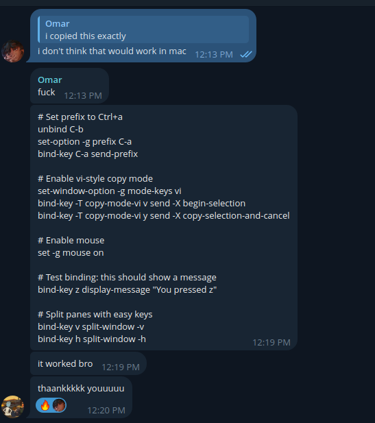 A conversation about setting up tmux on a Mac, featuring code snippets and user interactions.