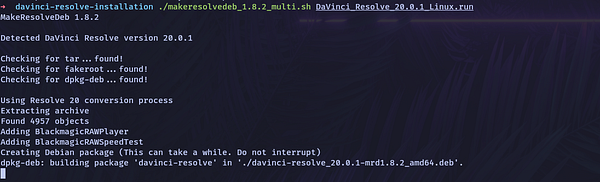 The image displays a terminal window showing the installation process of DaVinci Resolve on Ubuntu.