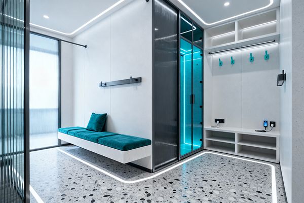 A sleek mudroom with a floating bench upholstered in teal cushions sits against matte white walls and speckled terrazzo flooring edged by curved LED strips. Black-framed fluted-glass partitions enclose a glass-front locker glowing cyan, while open cubbies, a rail with teal hooks, and a built-in charging shelf with outlets complete the space under soft ceiling cove lighting.