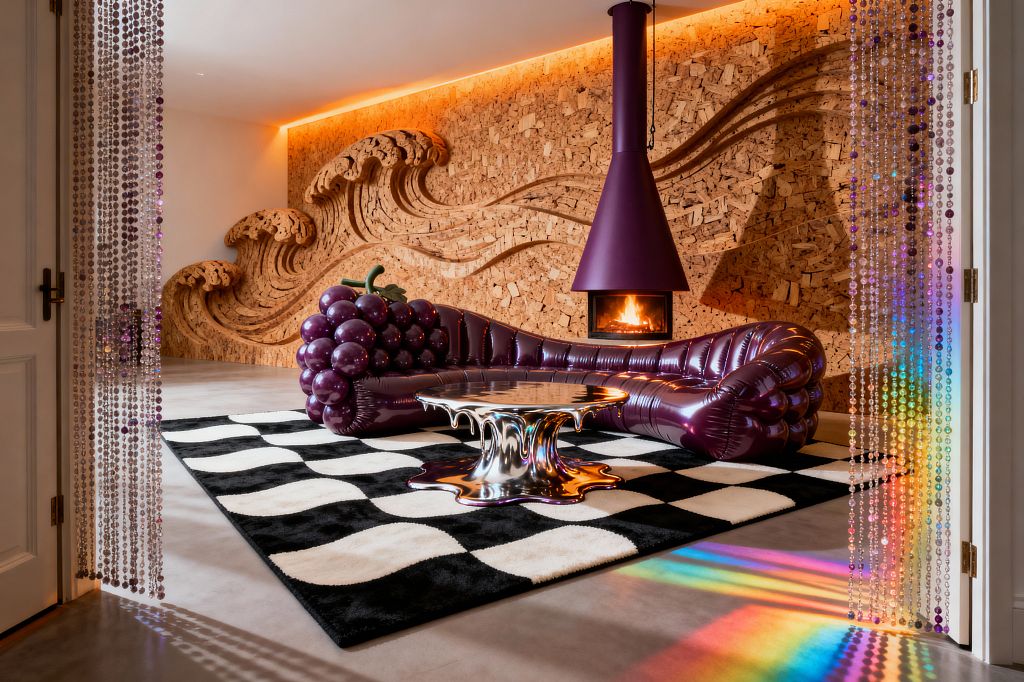 A psychedelic living room features a glossy, grape-shaped purple sectional beneath a suspended plum cone fireplace with a visible flame. A carved cork feature wall with sweeping wave relief is backlit by warm amber LEDs, while a wavy black-and-white checker rug anchors a molten chrome coffee table; beaded curtains shimmer at the doorway and cast rainbow prisms onto a polished concrete floor.