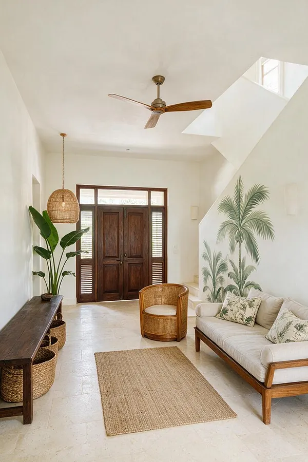 A bright tropical entryway with white walls, a dark wood double front door, and a large staircase opening overhead. The space includes a woven pendant light, a rattan accent chair, a cream sofa with palm-print pillows, a long wooden bench with baskets, and a jute rug on a pale stone floor. Palm mural art adds a lush, relaxed feel.