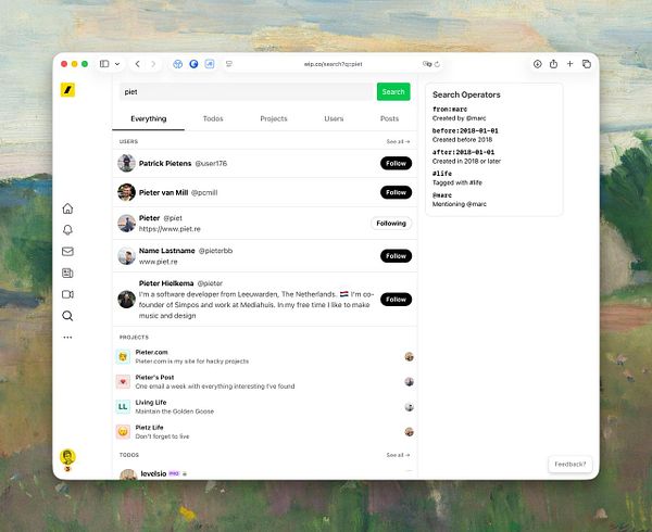 A screenshot of a search feature interface for an app named 'Wip' showing an 'everything' search bar with categorized search results.