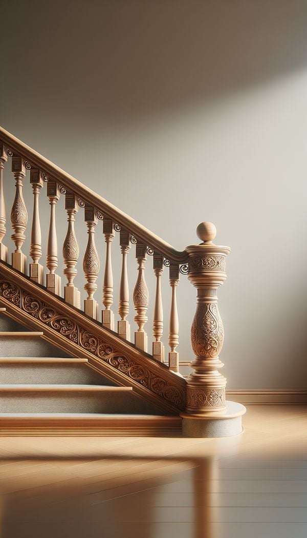 A classy staircase with a wooden balustrade, highlighting the intricate patterns of the balusters and the polished wooden rail on top, set against a neutral-colored wall.
