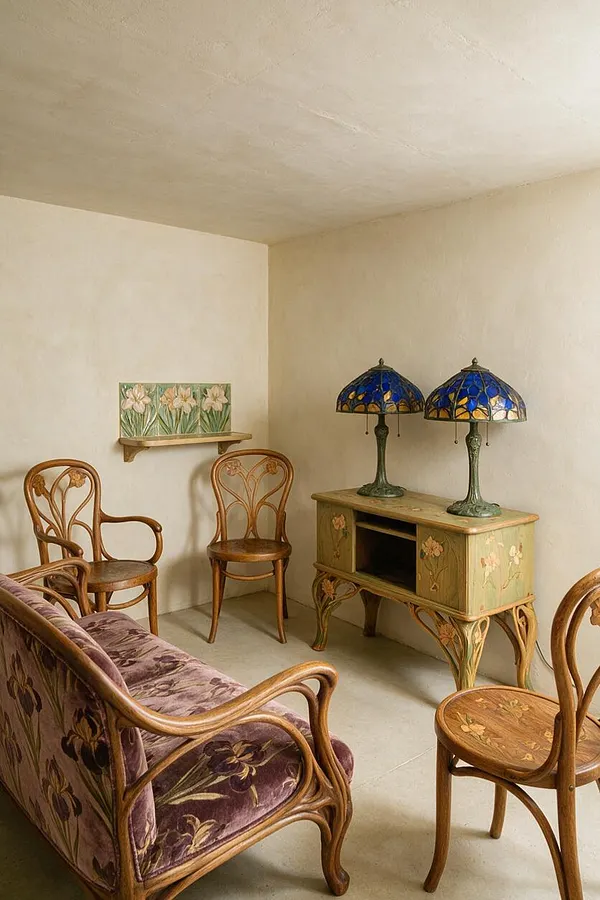 A small media room styled in Art Nouveau design features curving wooden chairs and a floral upholstered settee arranged around a painted cabinet. Two stained-glass table lamps with blue and amber shades sit on the cabinet, while cream walls and a light floor keep the space bright and simple.