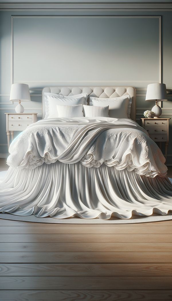 A neatly made bed with a white linen bed skirt draped elegantly to the floor, giving a polished and cohesive appearance to a bedroom decorated in soft, neutral colors.