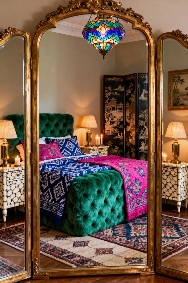 A lavish bedroom, seen through a gilded triptych mirror, centers on an emerald green tufted faux‑fur bed layered with blue‑and‑white ikat bedding and a fuchsia embroidered throw. Bone‑inlay nightstands with brass lamps and candles flank the bed, a jewel‑toned stained‑glass pendant hangs above, patterned vintage rugs cover wood flooring, and a black chinoiserie folding screen and framed art enrich the warm beige walls.