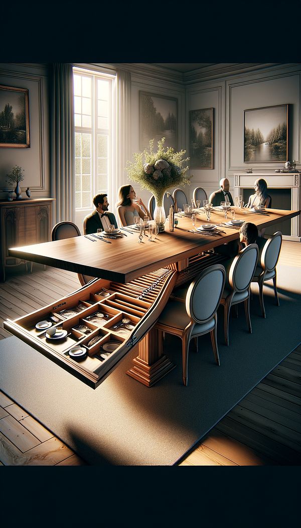 A dining room table with sections pulled out to reveal the self-storing leaves stored within, as guests prepare to sit around it.