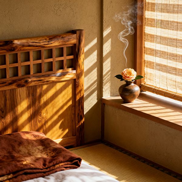 A sunlit Japanese-inspired bedroom corner shows a solid wood headboard with simple lattice, a low bed with white sheets and a rust-brown blanket, and tatami flooring. A window with woven bamboo shades casts warm stripes on an earthen plaster wall; on the wood sill sits a small ceramic vase holding a single peach flower while thin incense smoke curls upward, creating a calm, minimalist mood with natural materials and muted earth tones.