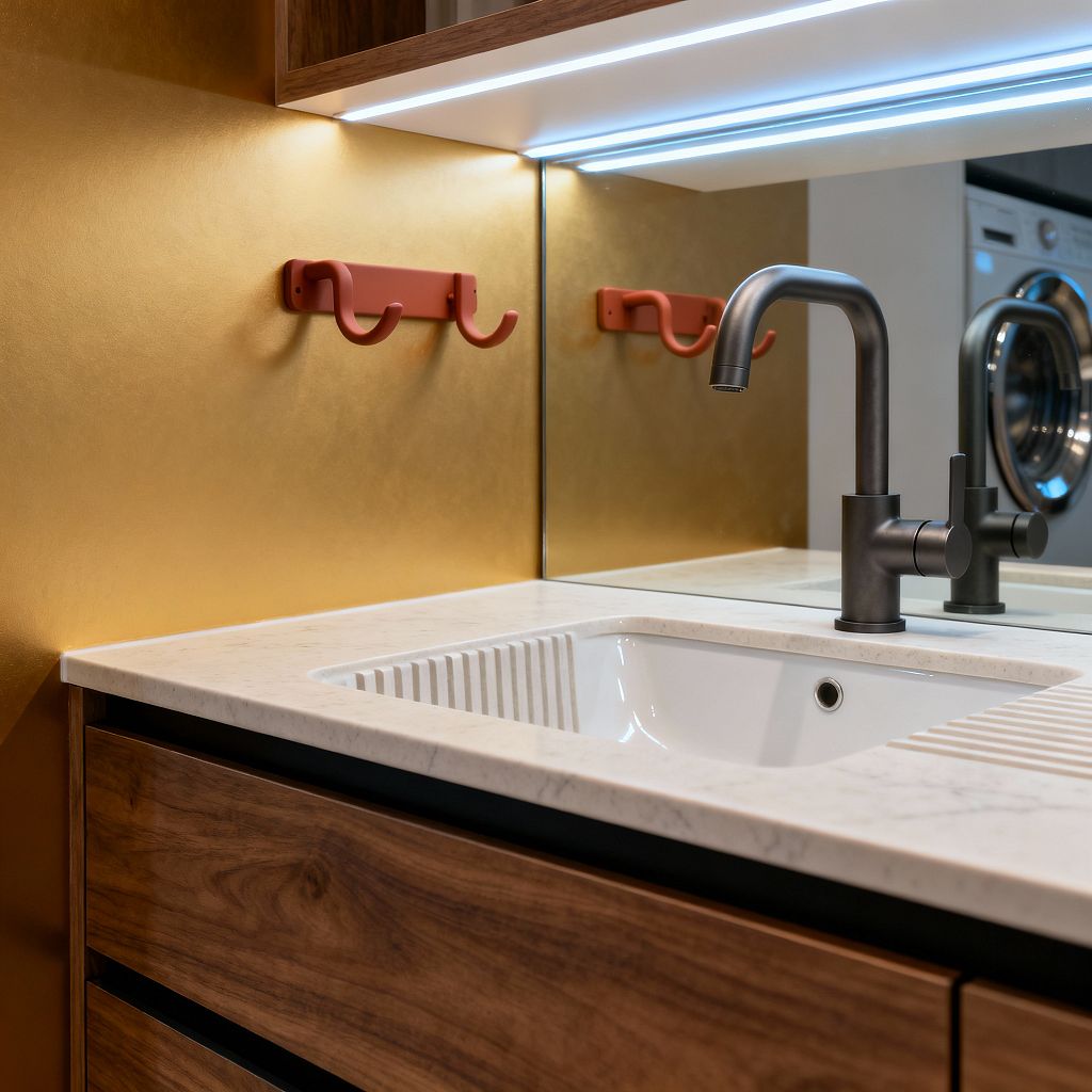 A close-up of a modern laundry sink shows a white quartz countertop with integrated drainboard grooves, an undermount white basin, and a matte black gooseneck faucet. A mirrored backsplash reflects a stainless front-loading washer, while a satin-gold wall panel and two terracotta hooks add color. Walnut drawer fronts sit below, and a linear LED under the upper cabinet illuminates the work zone with a soft, even glow.