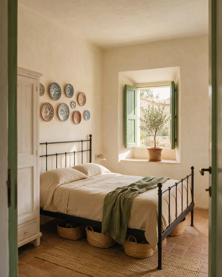 A cozy Mediterranean-style guest bedroom with a black iron bed, beige linen bedding, and a green throw blanket. Cream plaster walls, decorative ceramic plates, a light wood wardrobe, woven baskets, terracotta tile flooring, and a potted tree on the window ledge complete the warm, sunlit room.
