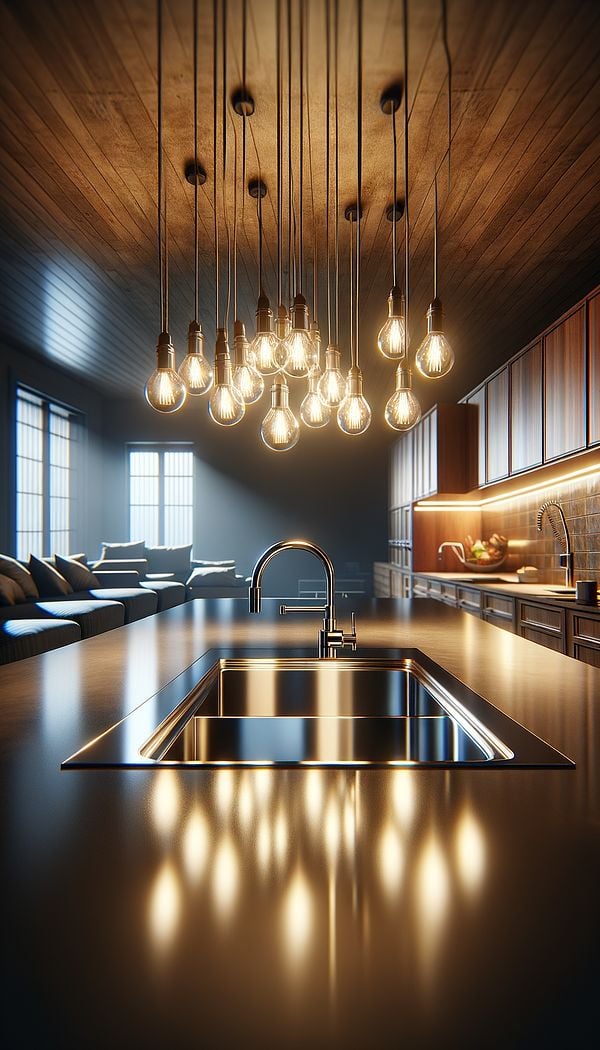 a variety of home fixtures including lighting fixtures, a kitchen sink mounted on a counter, and built-in cabinetry, demonstrating the concept of fixtures in interior design