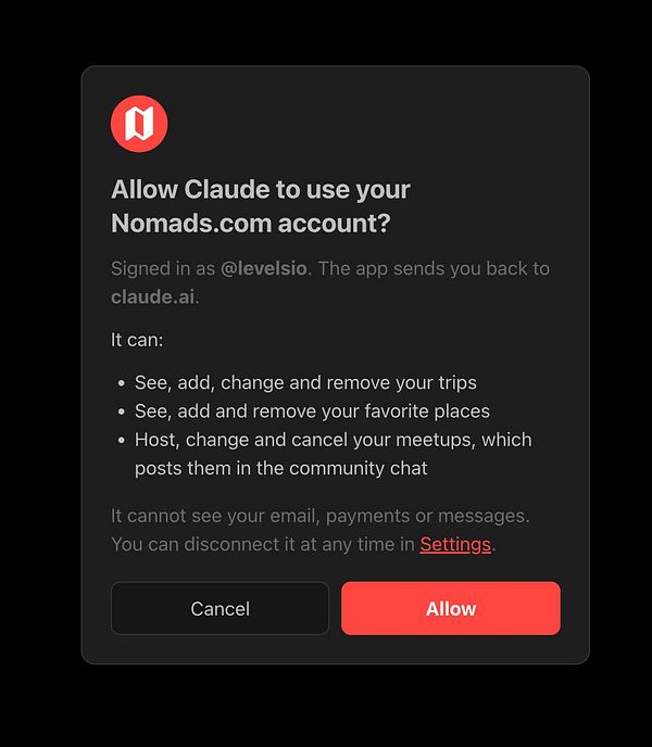 OAuth permission prompt allowing Claude to access a Nomads.com user account with detailed permissions and options to cancel or allow.