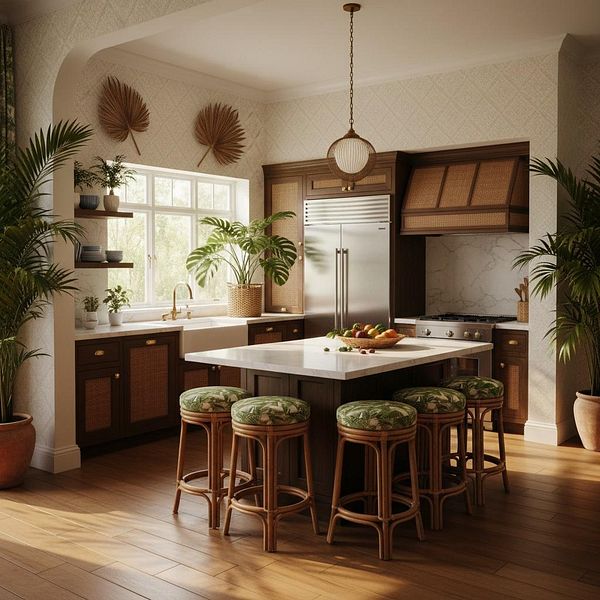 A beautifully designed kitchen featuring modern appliances and tropical decor.