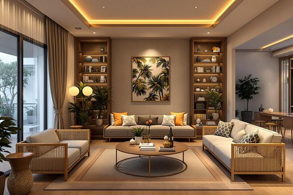 A modern and stylish living room featuring elegant furniture and decor.