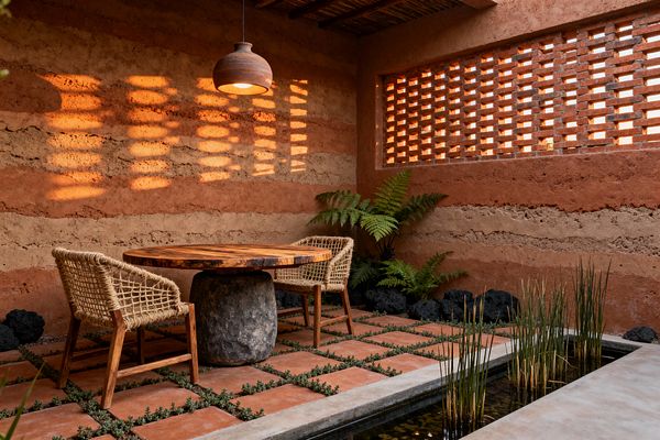 A compact dining space with rammed-earth walls and a perforated brick screen casting dappled sunlight across the room. A round live-edge wood table sits on a large stone base with two wood-framed chairs woven in natural rope. Terracotta pavers form a planted grid underfoot beside a shallow water channel with reed plants. Ferns and dark lava rocks line the wall, and a clay pendant hangs from a slatted wood ceiling.