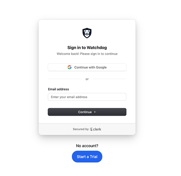 The image displays a sign-in interface for the Watchdog application.