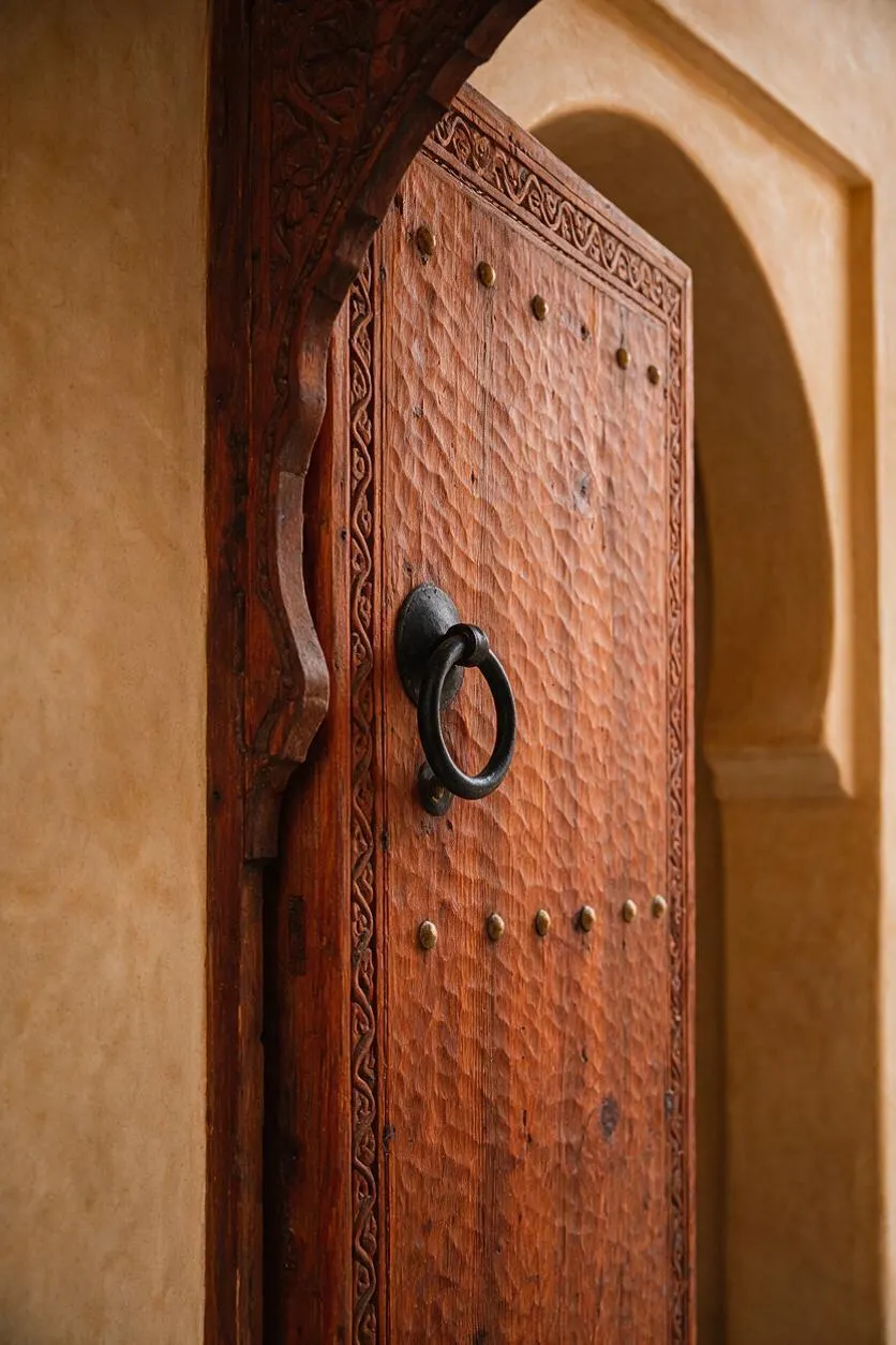 A close-up view of a traditional Moroccan wooden door set within a rounded stucco arch. The door has a hammered texture, carved border details, brass studs, and a dark metal ring handle that contrasts with the warm terracotta wood and beige wall.