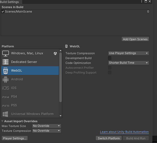 The image displays the Build Settings interface of Unity, specifically configured for WebGL.