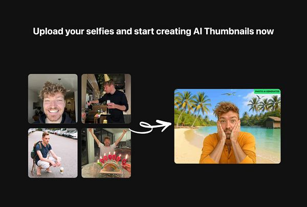 The image promotes an AI thumbnail tool by showcasing selfies and a generated beach scene.
