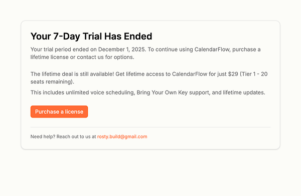 A notification indicating the end of a 7-day trial for CalendarFlow with purchase options.