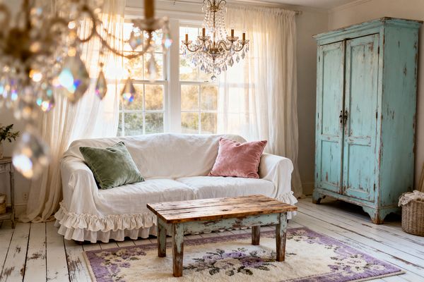 A bright shabby chic living room features a white ruffled slipcovered sofa with sage green and blush pink velvet pillows. A rustic coffee table with a reclaimed wood top and chippy mint legs sits on a lilac floral rug over weathered white plank floors. Sheer ivory curtains frame large multipane windows glowing at sunset. A sparkling crystal chandelier hangs overhead, and a distressed turquoise armoire stands to the right beside a wicker basket, creating a soft, vintage cottage feel.