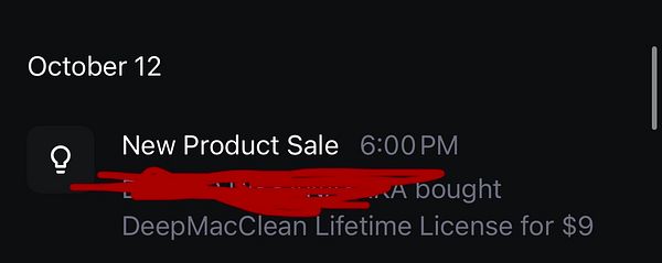 Notification of a new product sale for DeepMacClean Lifetime License at 6:00 PM on October 12.