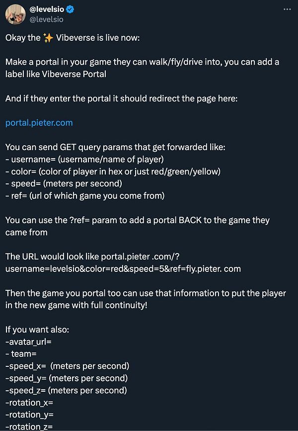 A tweet announcing the launch of Vibeverse with instructions for creating portals in games.