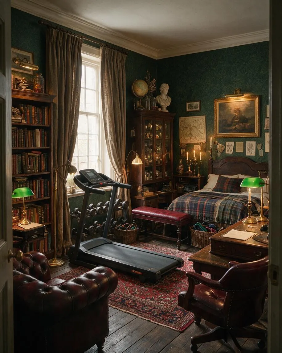 A dark academia home gym styled like a cozy study, with a treadmill centered on a patterned rug, a wall of bookshelves, and a bed dressed in plaid bedding. The room features deep green walls, heavy drapes, brass lamps, framed art, candles, and rich leather seating for a scholarly, atmospheric feel.